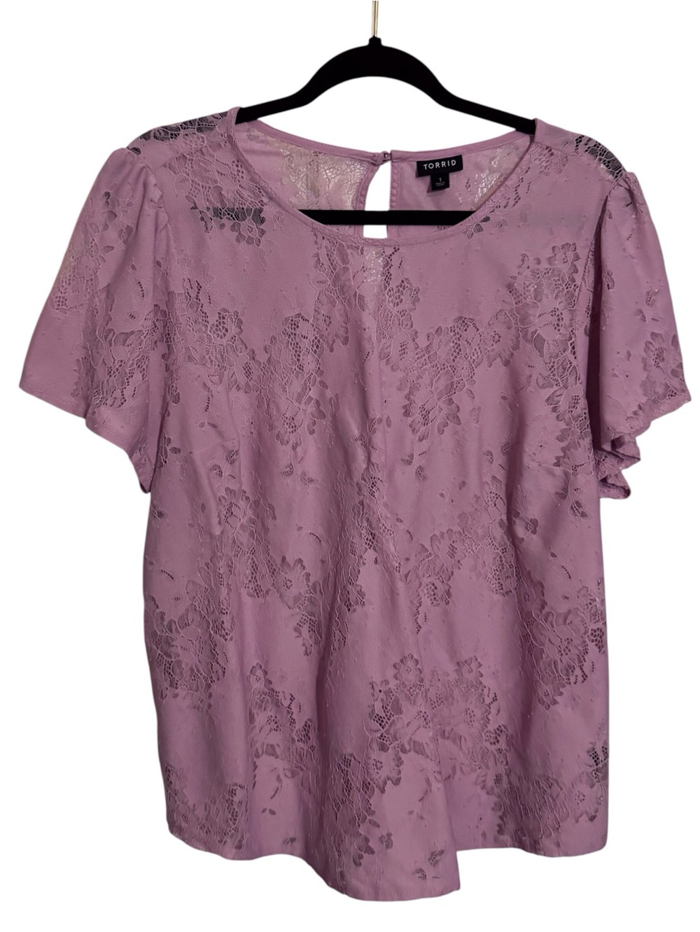 Torrid Size 1X Light Pink Lace Floral Top Blouse Nylon Short Sleeve Boho Fairy